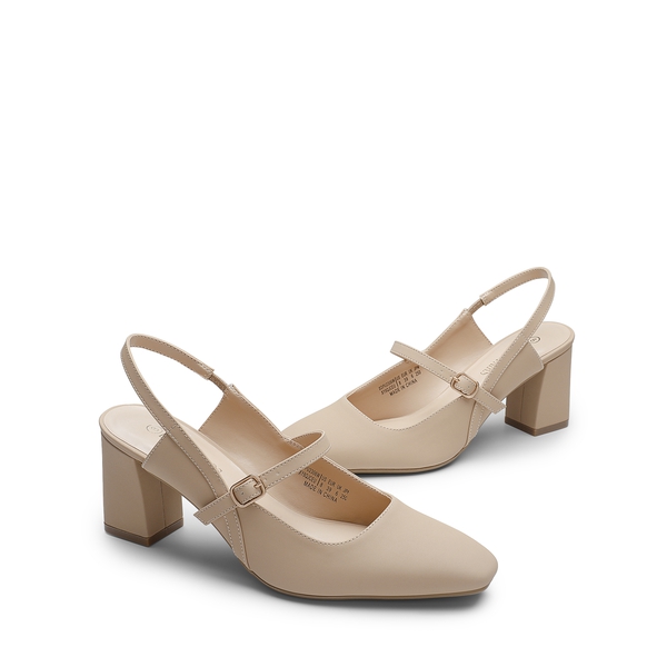 Mary Jane Slingback Chunky Heel Pumps - NUDE NUBUCK - 5